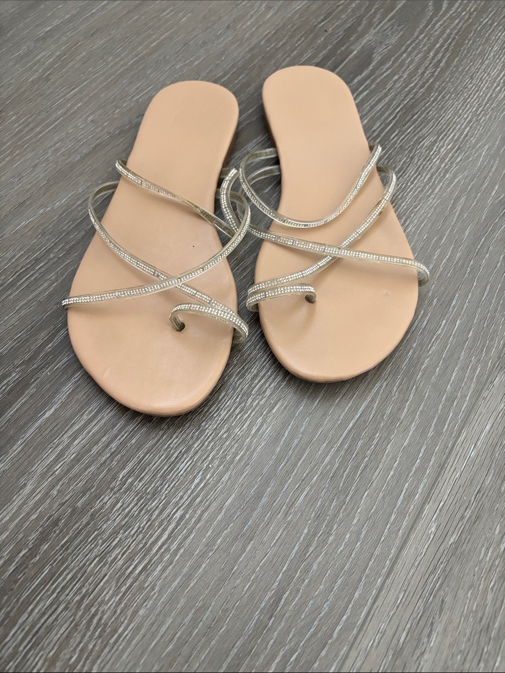 SHEIN Beige Rhinestone Strappy Toe-Loop Slide Sandals